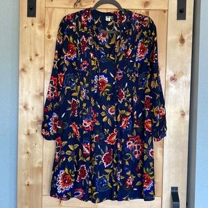 Old Navy Dress Sheath Blue Floral Long Sleeve EUC Small S Pleated Front babydoll